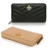 TORY BURCH KIRA 金屬LOGO羊皮斜紋絎縫拉鏈長夾 (黑)