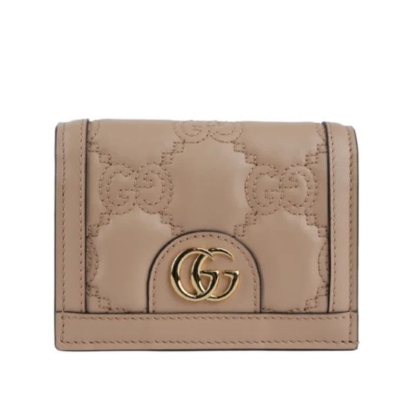 GUCCI GG Logo 縫線設計二折卡片小短夾(灰粉色)